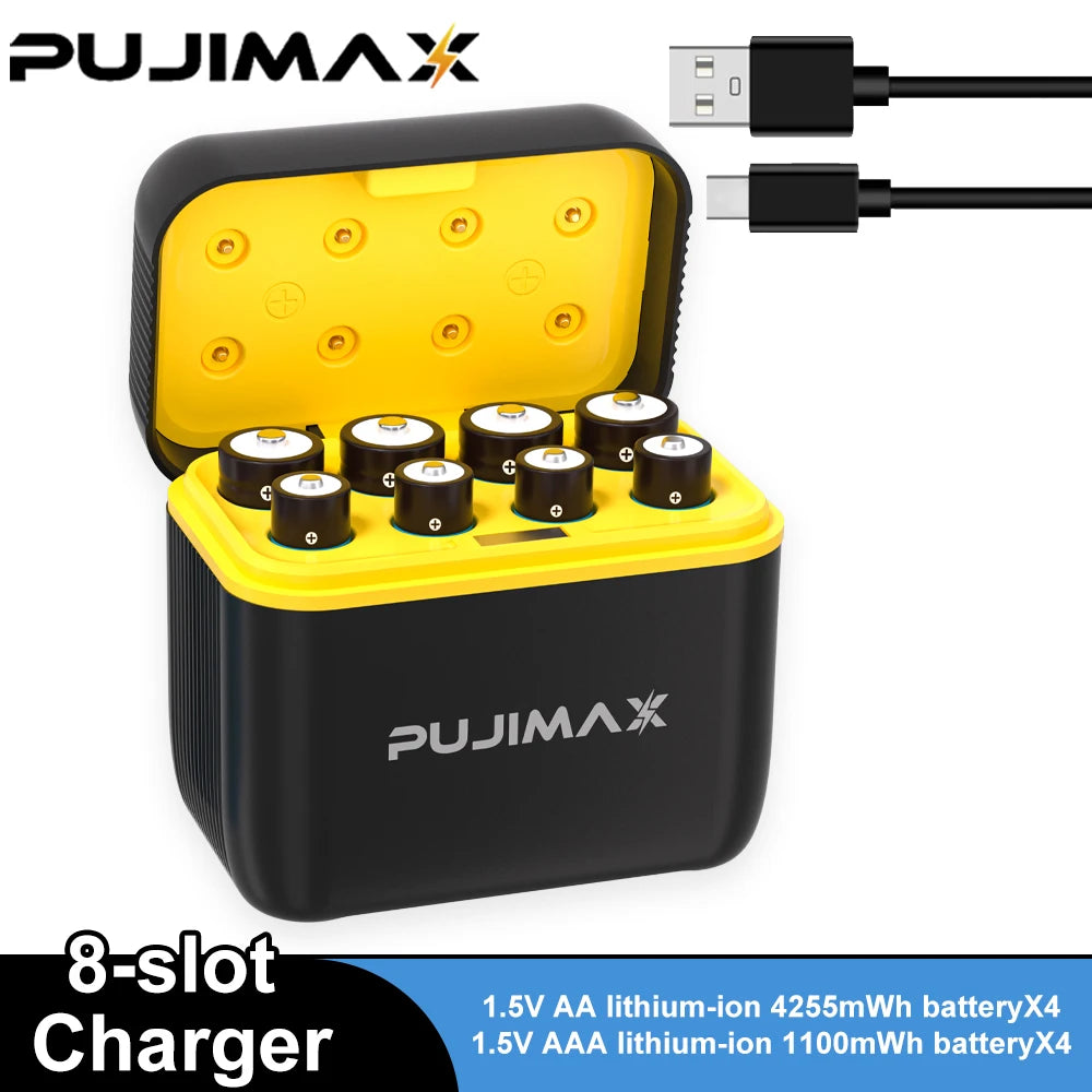 A black 8-slot charger with four 1.5V AA lithium-ion batteries and a USB connector for remote controls.