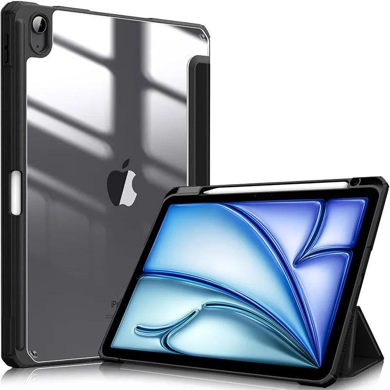 A silver multi-device protective case for an iPad is shown next to the device.