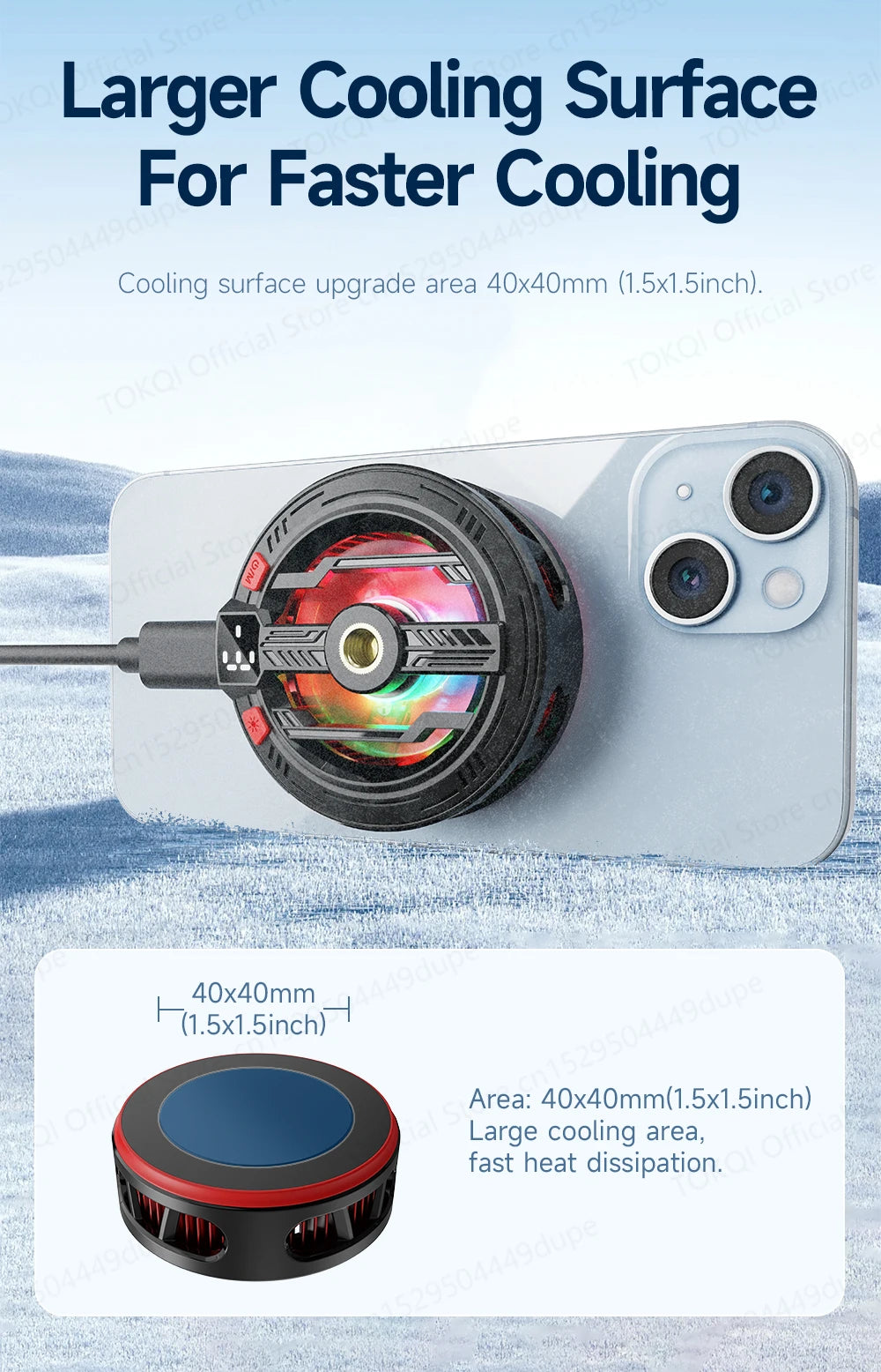 A magnetic semiconductor phone cooler upgrade featuring a 40x40mm cooling surface for faster heat dissipation.