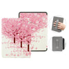 A pink cherry blossom patterned leather case for a Kindle Paperwhite tablet shown with multiple views.