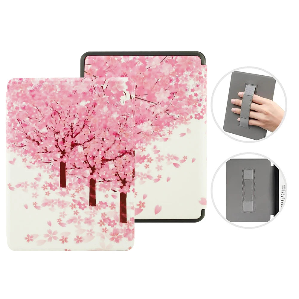 A pink cherry blossom patterned leather case for a Kindle Paperwhite tablet shown with multiple views.