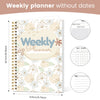 A weekly planner notebook with a floral pattern featuring weekly focus, goals, and a habit tracker page.