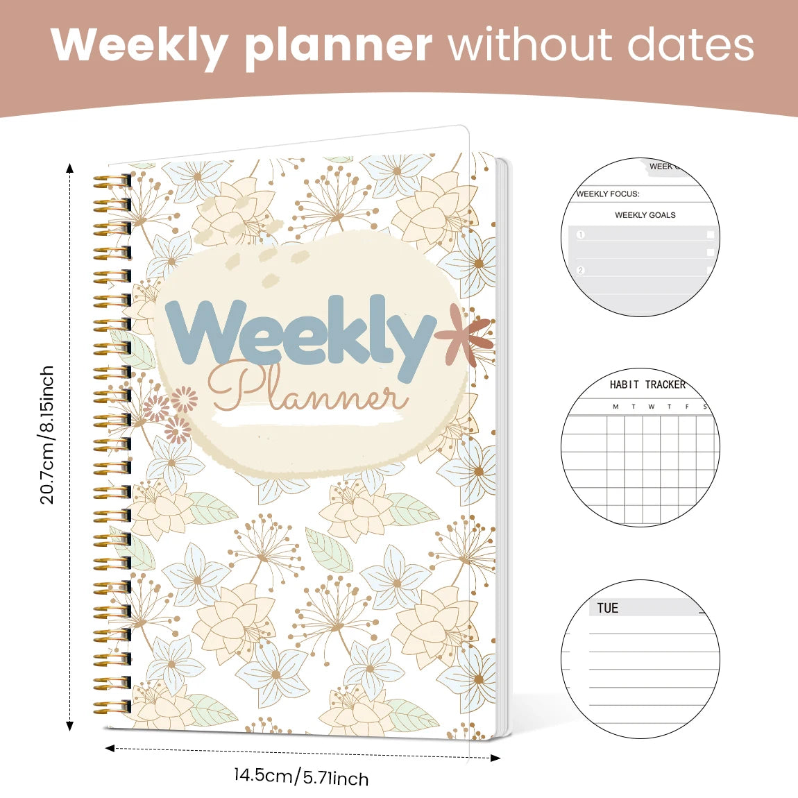 A weekly planner notebook with a floral pattern featuring weekly focus, goals, and a habit tracker page.