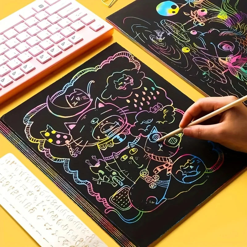 A hand draws colorful, whimsical characters on a black art paper sheet using stylus sticks.
