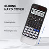 A black sliding hard cover protects a scientific calculator, showing various buttons and display options.