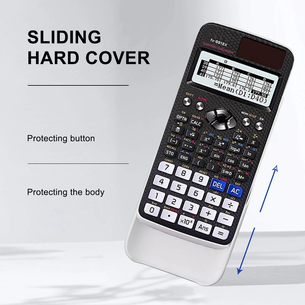 A black sliding hard cover protects a scientific calculator, showing various buttons and display options.