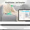 A black precision stylus pen is shown next to an iPad, demonstrating compatibility with Apple Find My.