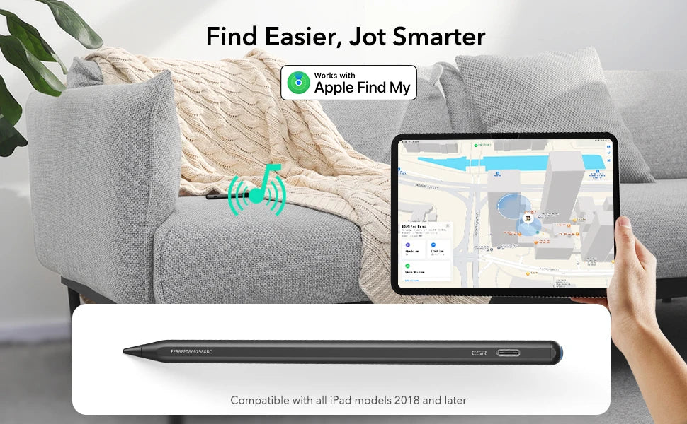 A black precision stylus pen is shown next to an iPad, demonstrating compatibility with Apple Find My.