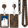 Leopard print retractable ID badge holder with a black strap and silver clip.