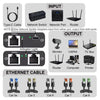 Diagrama que muestra componentes de red como cable Type-C, switch, router y cables Ethernet.