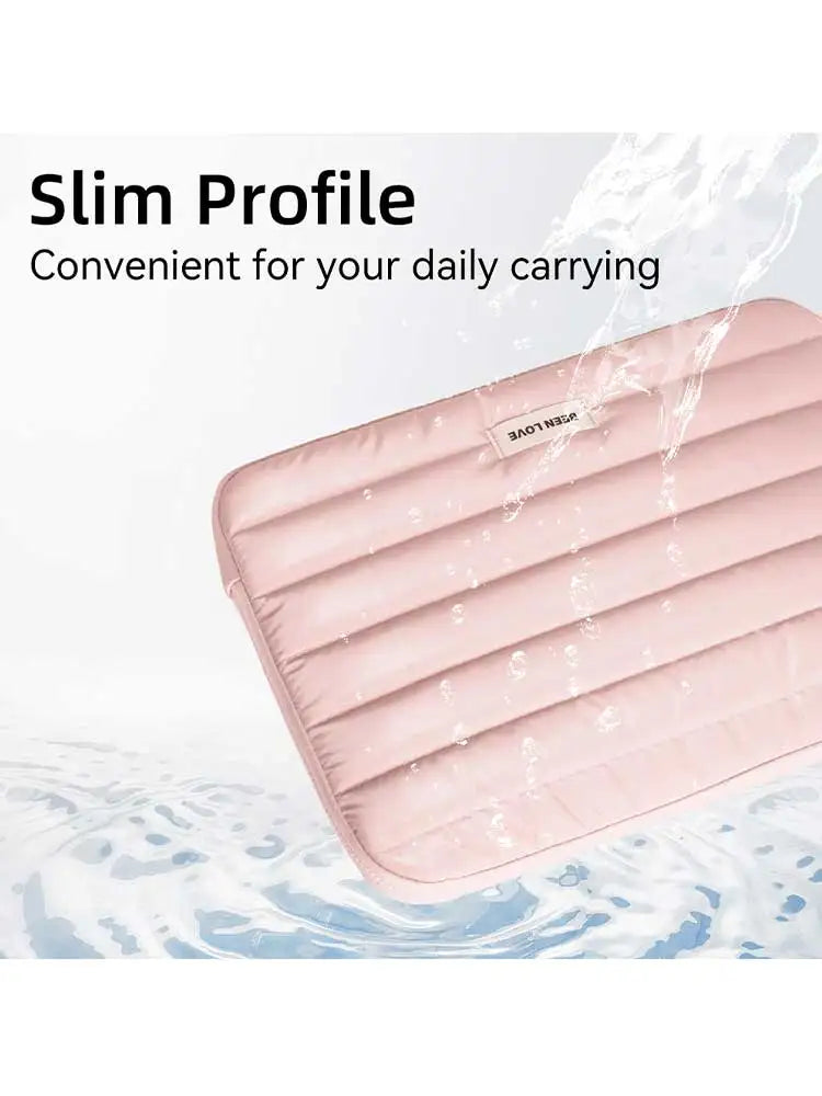 A pink padded laptop sleeve is shown being washed under running water.