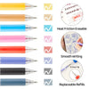Assorted colored retractable gel pens shown with various tips and refill options