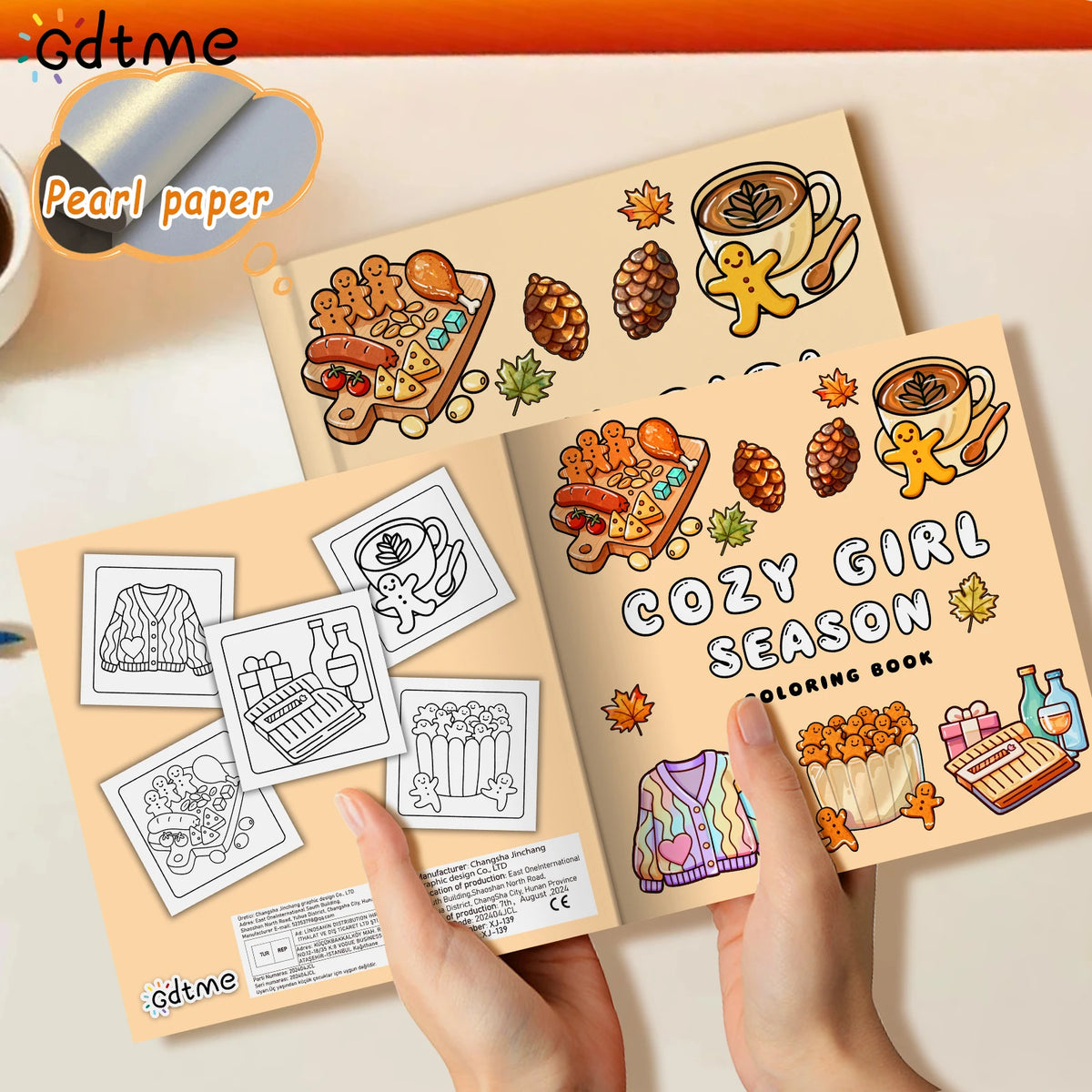 A set of coloring pages featuring cozy girl season themes and various patterns for an adult coloring book
