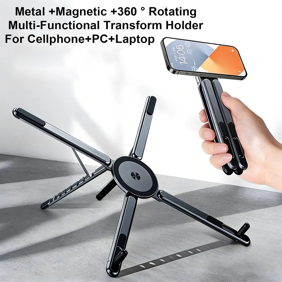 A black magnetic 360-degree rotating multi-functional transform holder for a cellphone, PC, or laptop.