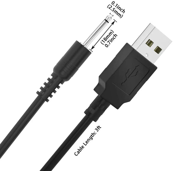 Black charging adapter cable with a DC to USB connector and a detachable cable.