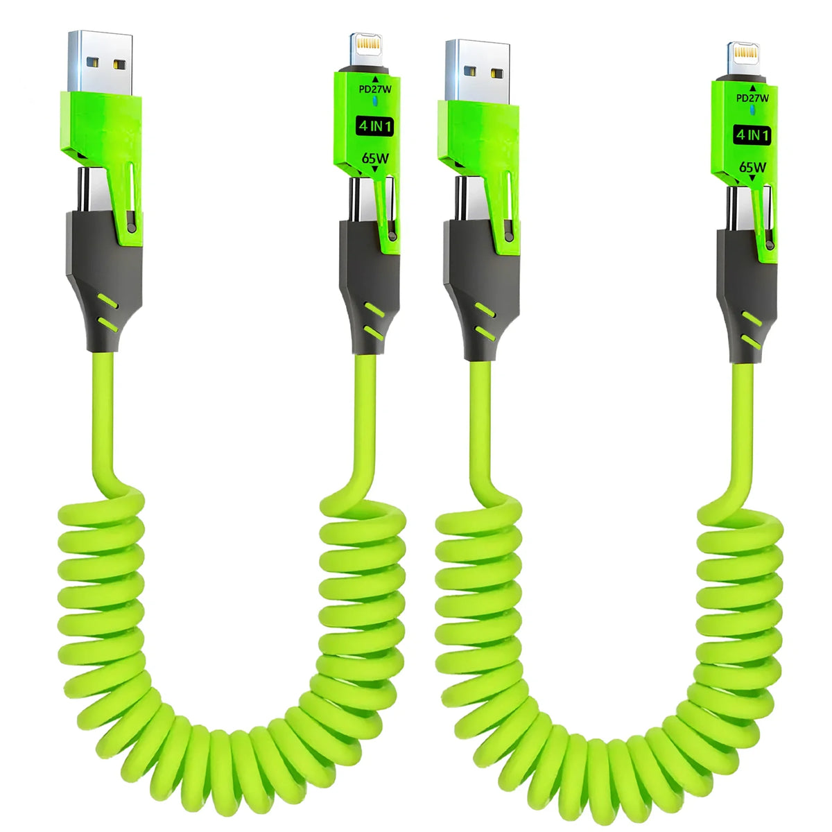 A set of bright lime green retractable fast charging cables with USB-C adapters for 4-in-1 charging.