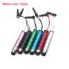 A set of ten mixed color fine point styluses with black cables displayed together.