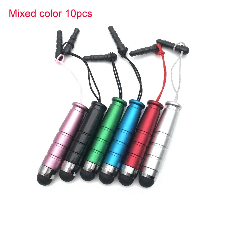 A set of ten mixed color fine point styluses with black cables displayed together.