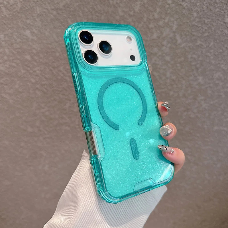 A turquoise glitter finish shockproof magnetic case for an iPhone is held by a hand.