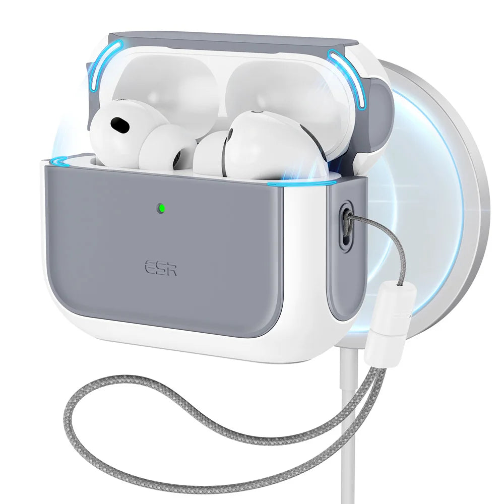 A gray and white charging case for AirPods Pro is shown with a coiled cable.