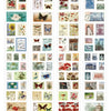 A collection of vintage stamp tape stickers organized by flower, butterfly, and floral themes for scrapbooking.