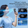 A woman is using a handheld high-speed cooling fan to cool her body, demonstrating its function.