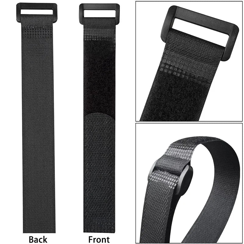 Black reusable hook and loop cable ties shown from the back, front, and a close-up view of the strap.