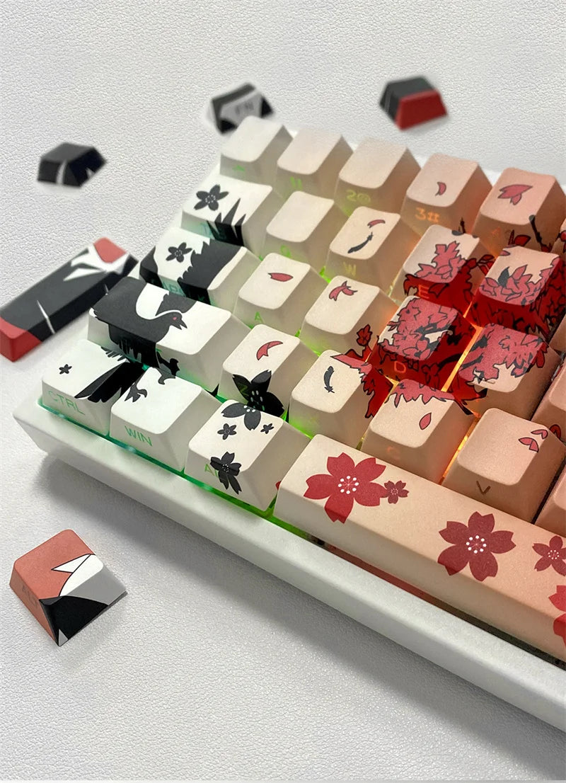 A close-up view of a tray of anime themed PBT keycaps for mechanical keyboards, featuring various characters and designs.