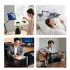 A set of adjustable aluminum tablet stands and a guitar stand are shown in various contexts for mounting electronic devices.