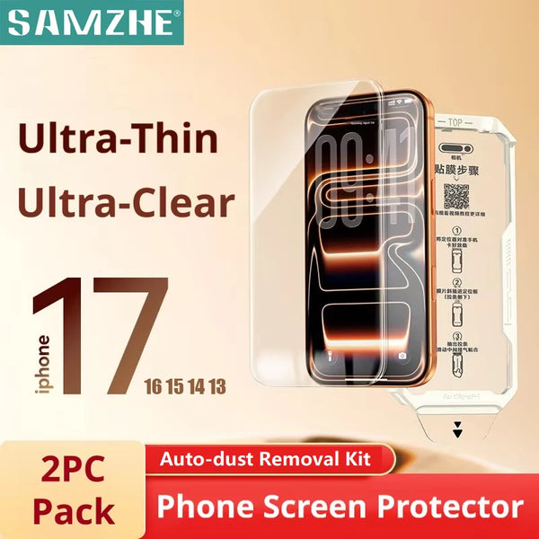 A 2PC pack of Ultra-Thin Ultra-Clear HD Tempered Glass Screen Protectors for iPhone models 16, 15, 14, and 13.