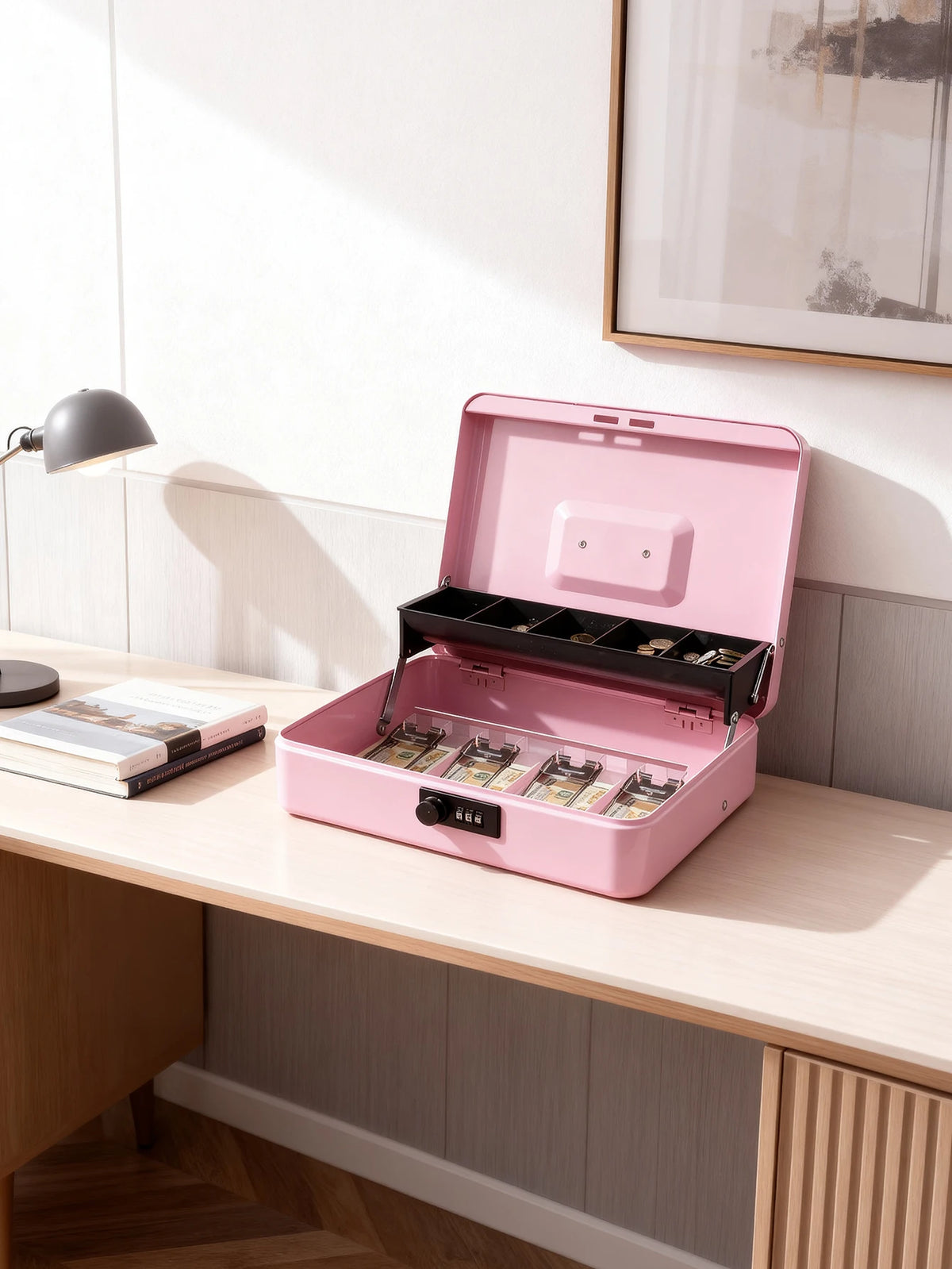 A pink secure metal money box with a hinged lid is displayed on a light wood desk.