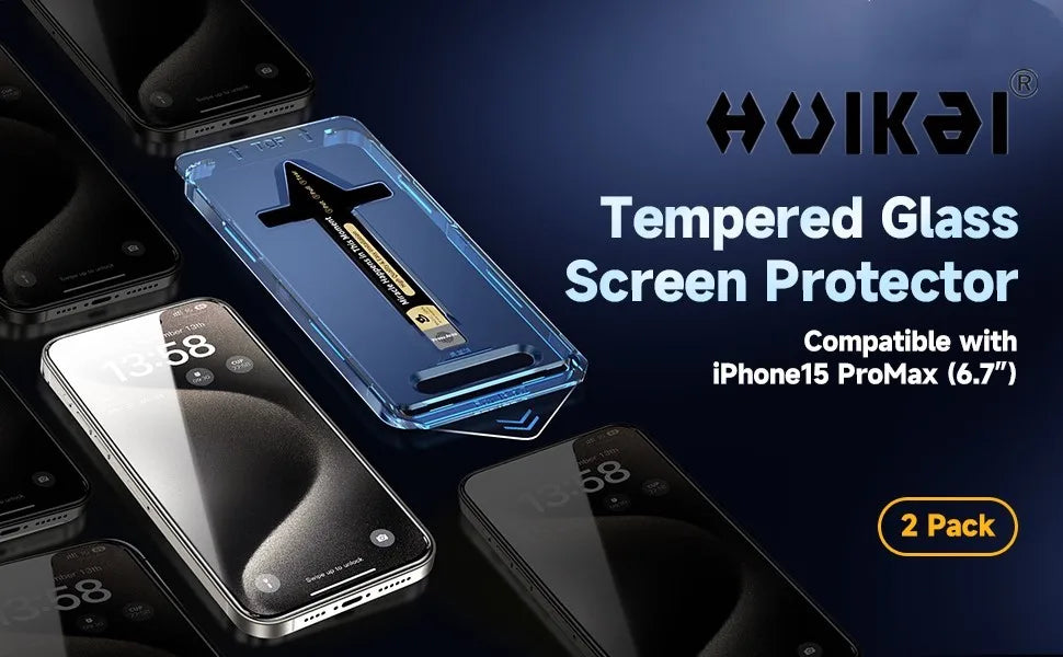 Un paquete de protectores de pantalla de vidrio templado para un iPhone 15 Pro Max, mostrando el protector y el teléfono.