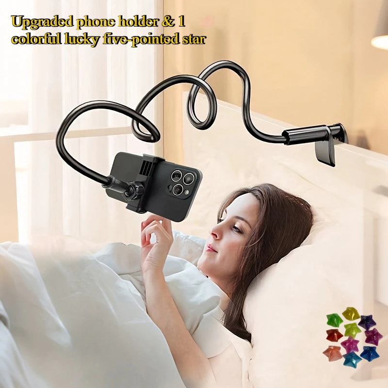 An upgraded phone holder with a five-pointed star design is shown mounted on a bed frame, positioned above a woman's head.