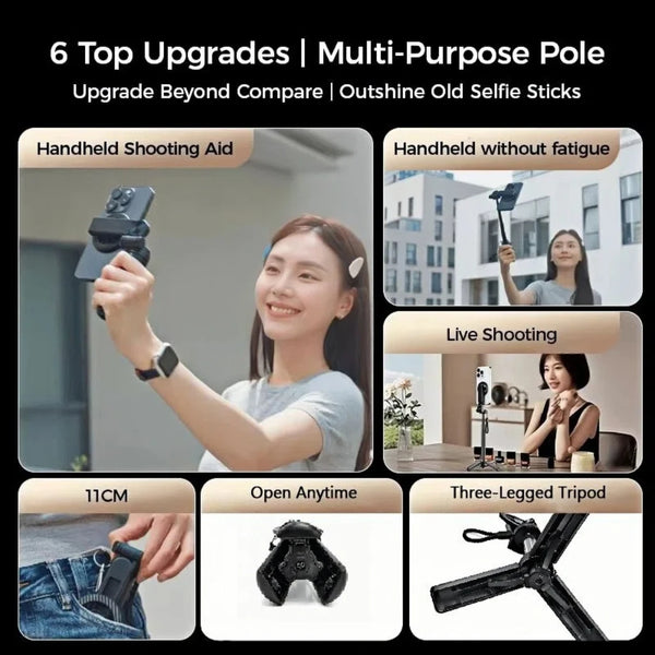 A set of six multi-purpose selfie sticks and a tripod are displayed with various shooting aids.