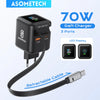 Black Asometech 70W GaN charger with three ports and a retractable USB-C cable.
