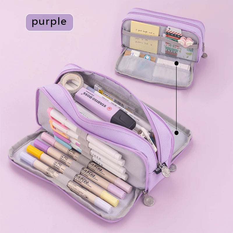A purple large capacity aesthetic pencil pouch with various stationery items inside.