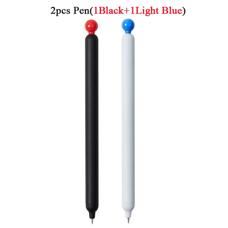 Two pens shown, one black and one light blue, with a smooth gel tip.