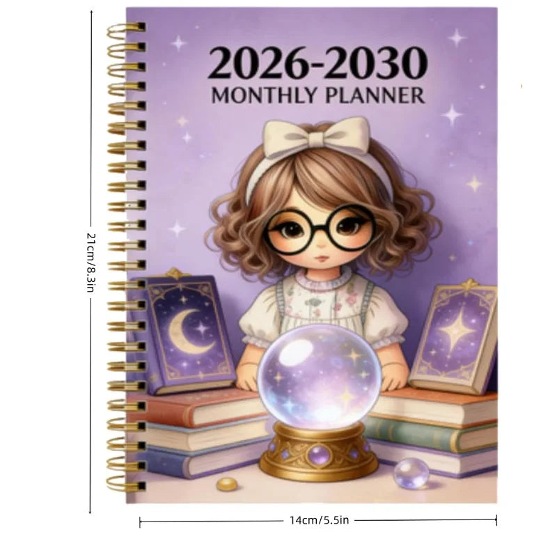 A monthly planner for 2026-2030 featuring a cute illustration of a girl with curly hair and glasses surrounded by books and a