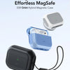 A light blue magnetic case for AirPods Pro with a black charging cable and a separate white magnetic lid.
