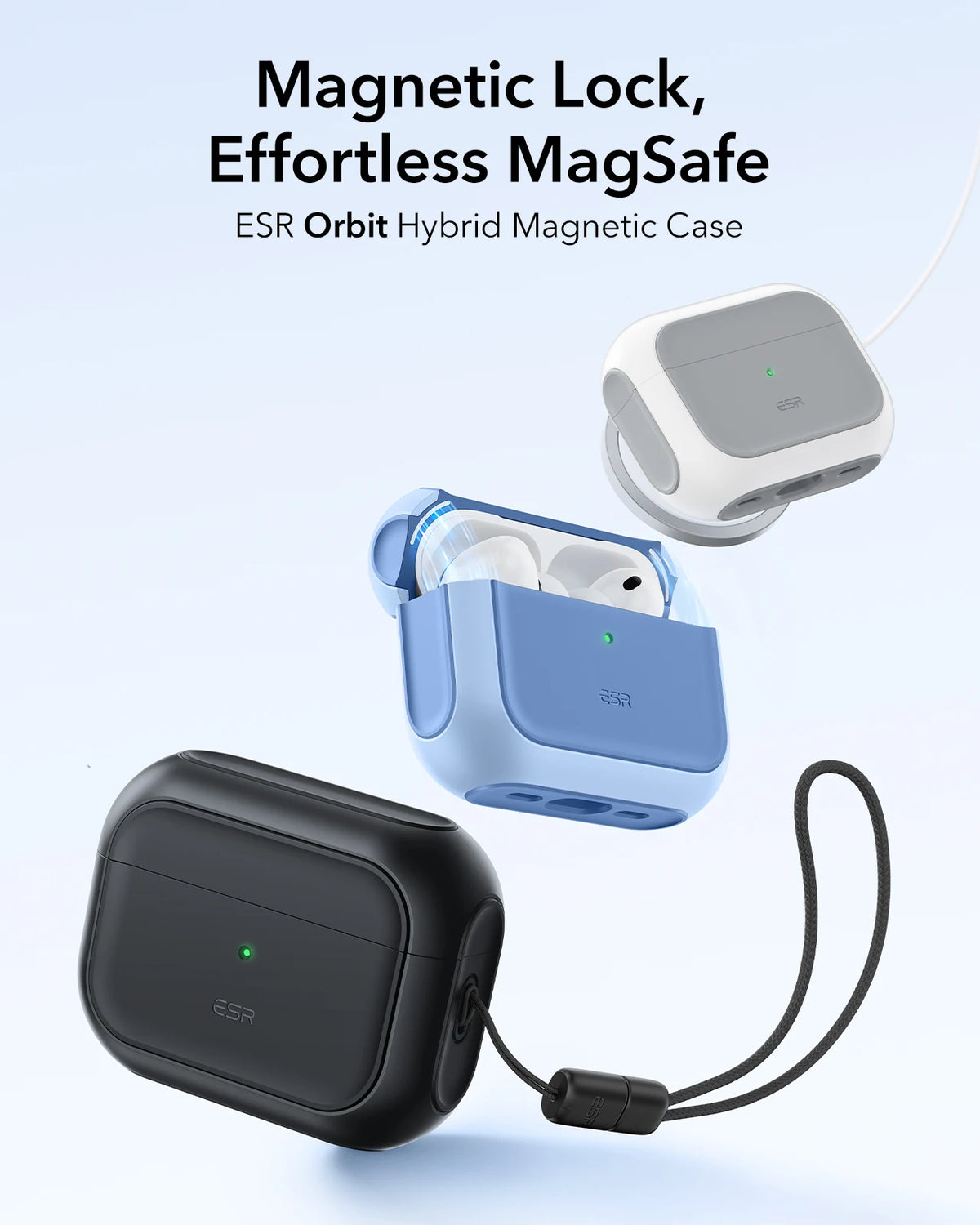 A light blue magnetic case for AirPods Pro with a black charging cable and a separate white magnetic lid.