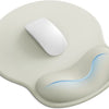A beige ergonomic wrist support mouse pad with a white mouse resting on the surface.