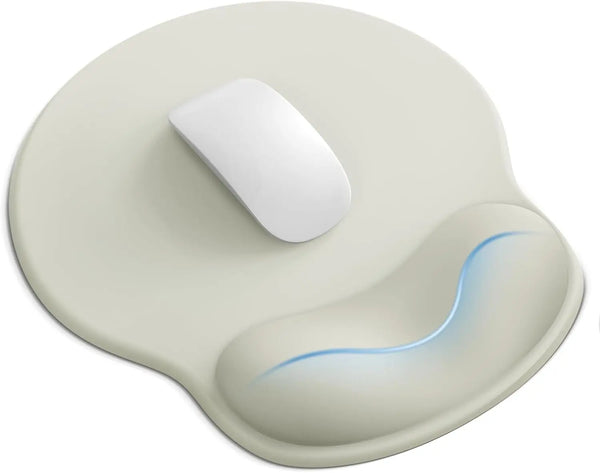 A beige ergonomic wrist support mouse pad with a white mouse resting on the surface.
