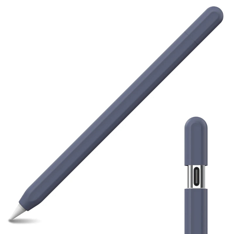 A gray silicone protective case for a pencil with a USB-C connector visible at the tip.