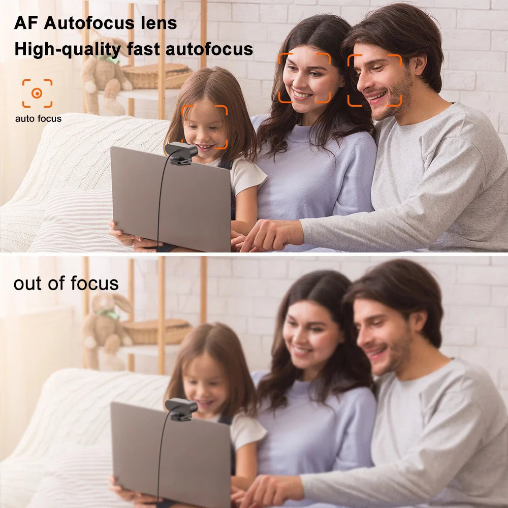 A family is using a 4K Autofocus Webcam with an integrated microphone, demonstrating its focus capabilities.
