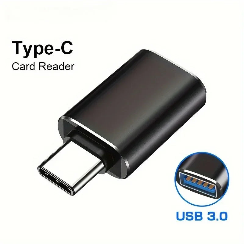 A black Type-C card reader adapter with a USB-A connector, showing its design and connection point.