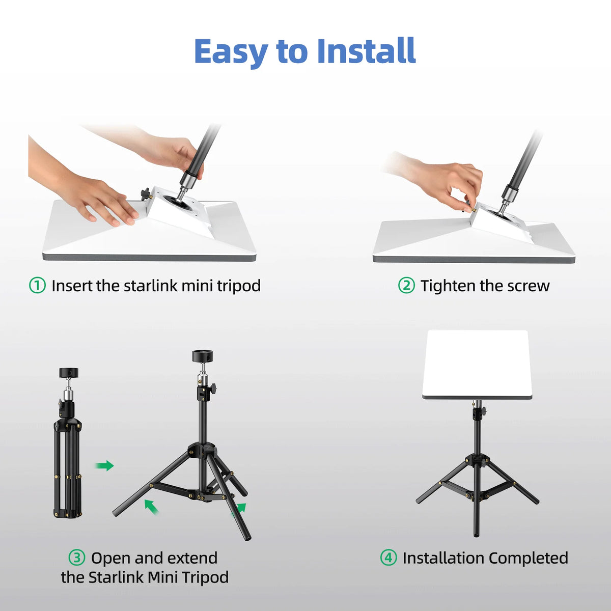 Instrucciones para instalar fácilmente el soporte trípode mini Starlink para un trípode ajustable portátil.