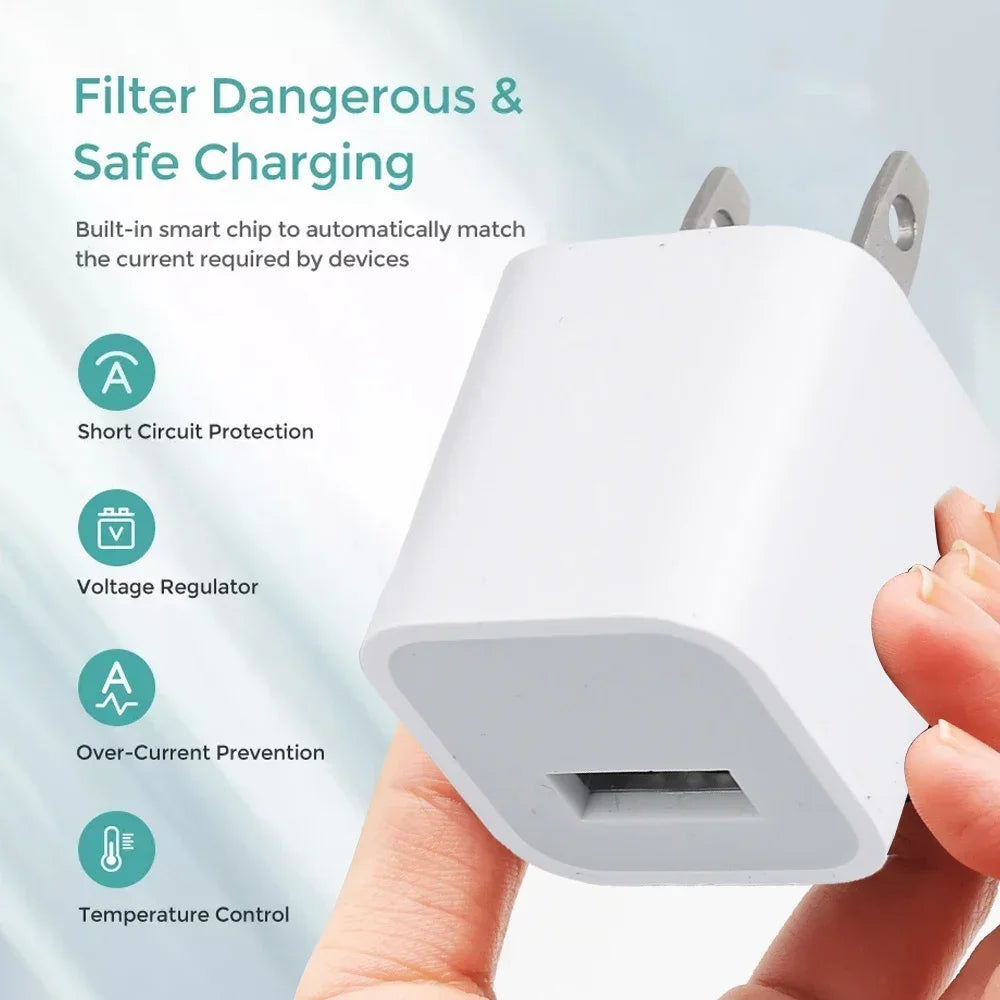 A hand holds a white universal USB wall charger cube with built-in safety features.
