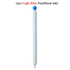 A single light blue pen with a black ink tip shown vertically.