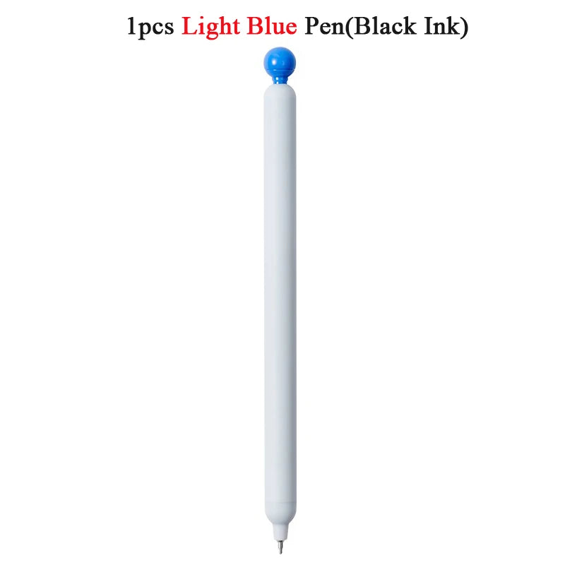 A single light blue pen with a black ink tip shown vertically.