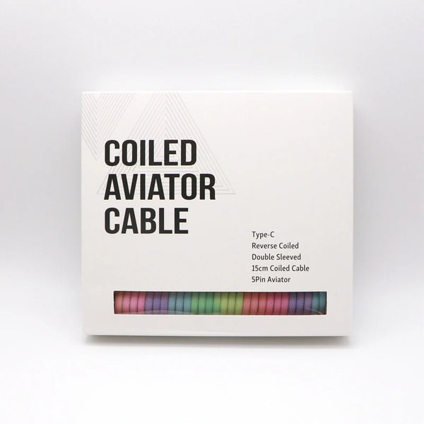 A white box displaying a coiled 5pin Aviator Type-C cable with multiple colored strands.